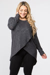 Women's Faux Wrap Knit Tunic Top High Low Hem Grey