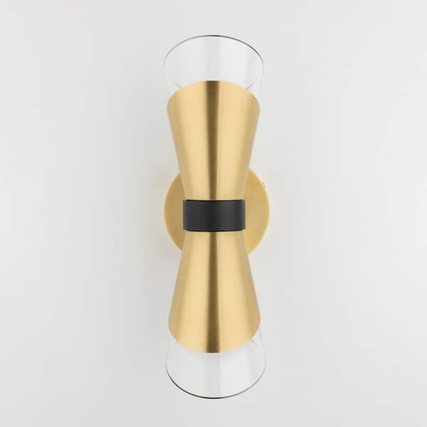 Mitzi by Hudson Valley Lighting Angie 15"H LED Wall Sconce with Black Accents, Clear Glass, Finish: Aged Brass