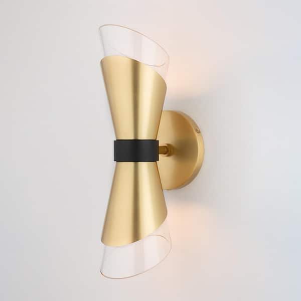 Mitzi by Hudson Valley Lighting Angie 15"H LED Wall Sconce with Black Accents, Clear Glass, Finish: Aged Brass