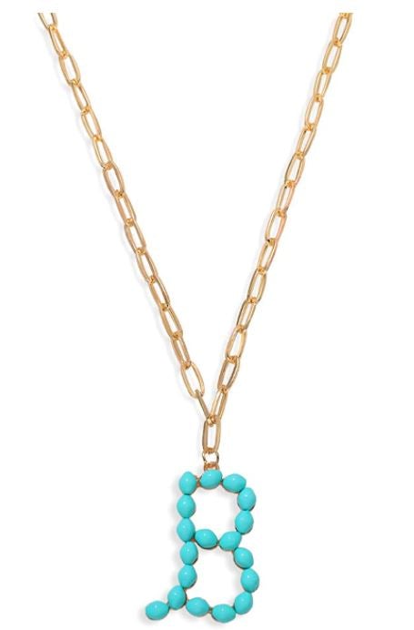 Dainty Turquoise or White Pearl Big Initial Chain Pendant Necklace for Women (Choose Your Letter)