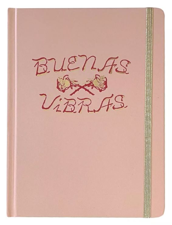 Journal 5"x7" Case Bound Elastic and Gold Edges Pink "Buenas Vibras" - Garven Greetings