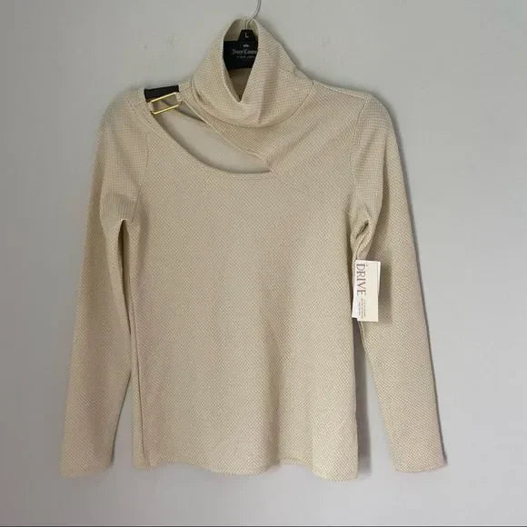 Willow Drive Long Sleeve Turtle Neck Cut Out Gold and White Knit Top - Size - Medium