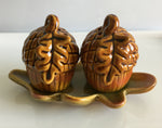 Acorn Salt and Pepper Shakers With Leaf Tray 3 Pc Set